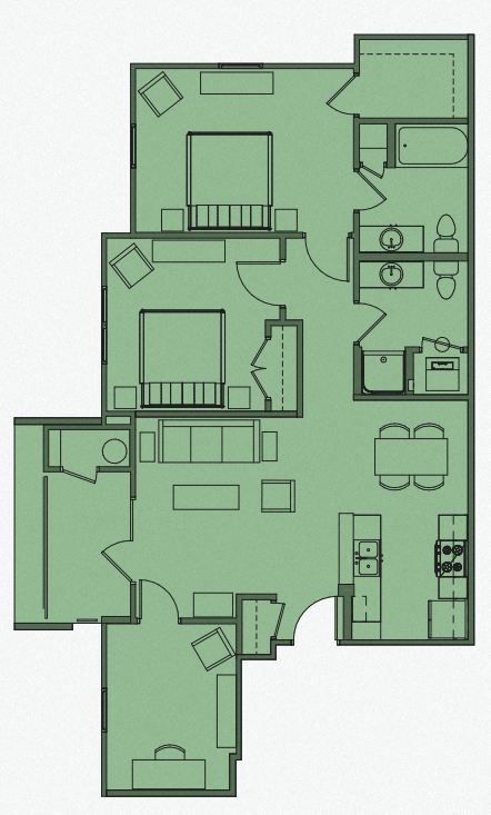 Floor plan for 2 beds, 2 baths, 1176 sqft